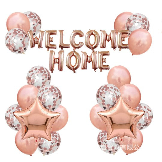 Set baloane folie si latex, ANGELBEAR, WELCOME HOME, 22 de piese, 20 baloane latex, 2 baloane stea Folie, 1 set Welcome Home, Rose gold metalic